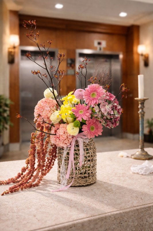 Blush & Buttercup Basket Floral Arrangement – Naples Florist